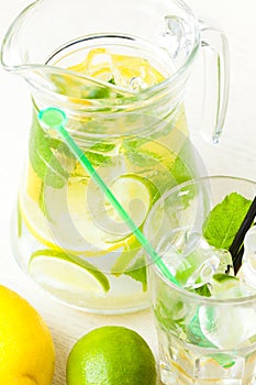 Citrus lemonade in pitcher and glass , closeup
