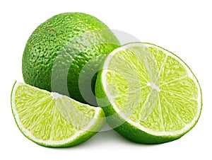 Citrus lime fruit with slice and half isolated on white