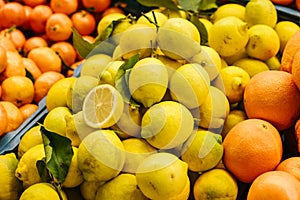 Citrus mix from fresh lemon, tangerine, orange on the farm market. Products rich in vitamins.