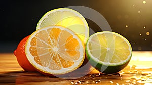 Citrus mixture: lime, lemon and orange, juicyly secreted in the background