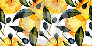 Citrus and olive fruits seamless pattern with traced watercolor