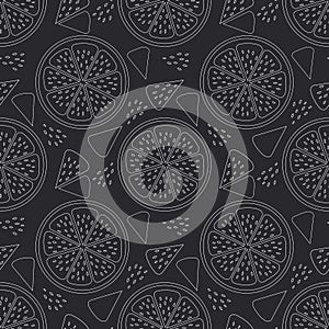 Citrus slices of lemon, orange with white outline on a black background. Seamless cute modern pattern.