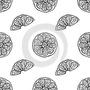 Citrus seamless pattern. Cut off round piece segment of fruit in the skin. Mandarin lemon orange grapefruit lime. Hand