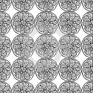 Citrus seamless pattern. Cut off round piece segment of fruit in the skin. Mandarin lemon orange grapefruit lime. Hand drawn