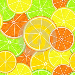 Citrus seamless pattern. Fresh juicy orange, lemon, grapefruit and lime slices. Summer background.