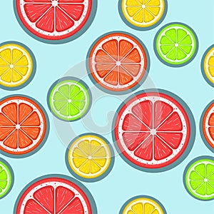 Citrus seamless pattern. Green, red and yellow citrus slices on a blue background. Fruit picking. Vector background EPS 8