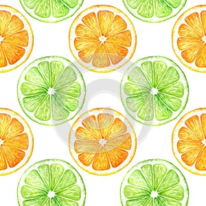 Citrus slice fruits watercolor hand drawn pattern. Orange, lemon, lime on white background. For the design of