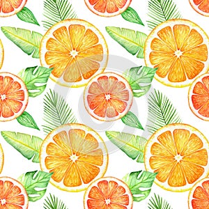 Citrus slice fruits watercolor hand drawn pattern. Orange, lemon, lime on white background. For the design of