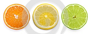Citrus slice, orange, lemon, lime, isolated on white background photo