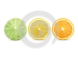 Citrus slice, orange, lemon, lime, isolated on white background, clipping path