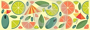 Citrus slices of lemon, orange, lime and grapefruit. Mint leaf, olives and Cocktail umbrella. Vector illustration banner or