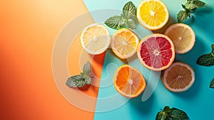 Citrus slices with mint leaves on colorful background photo