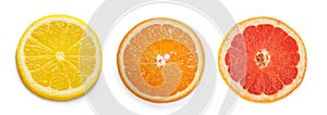 Citrus slices, orange, lemon, grapefruit, isolated on white background