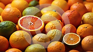 Citrus Spectrum: A Close-Up Odyssey Revealing the Spectrum of Orange Shades in a Luscious Citrus Fruit Ensemble - AI Generative