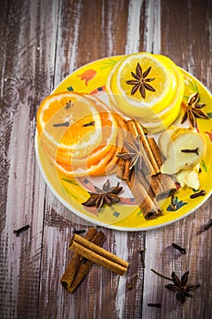 Citrus spices Lemon orange cloves cinnamon ginger Ingredients medicinal tea