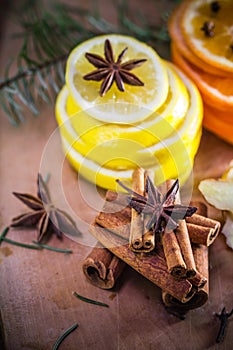 Citrus spices Lemon orange cloves cinnamon ginger Ingredients medicinal tea