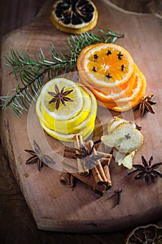 Citrus spices Lemon orange cloves cinnamon ginger Ingredients medicinal tea