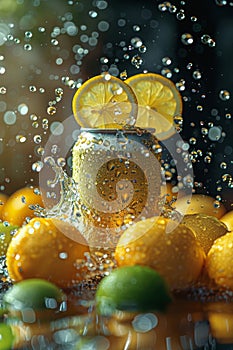 Citrus splash lemon-lime soda can amidst a burst of water droplets. Generative AI