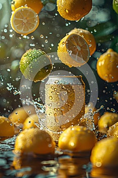 Citrus splash lemon-lime soda can amidst a burst of water droplets. Generative AI