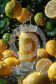 Citrus splash lemon-lime soda can amidst a burst of water droplets. Generative AI