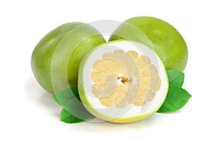 Citrus Sweetie or Pomelit, oroblanco with half and leaf isolated on white background close-up