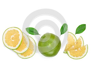 Citrus Sweetie or Pomelit, oroblanco with leaf isolated on white background with copy space for your text. Top view