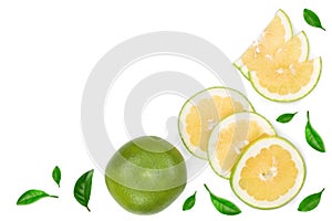 Citrus Sweetie or Pomelit, oroblanco with leaf isolated on white background with copy space for your text. Top view