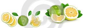 Citrus Sweetie or Pomelit, oroblanco with leaf isolated on white background with copy space for your text. Top view