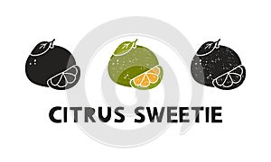 Citrus sweetie, silhouette icons set with lettering. Imitation of stamp, print with scuffs. Simple black shape and color vector