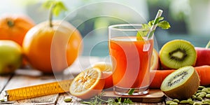 Citrus Symphony: A Vibrant Glass of Orange Juice Surrounded by Fresh Fruits and Vegetables