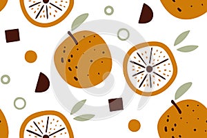 Citrus wallpaper. Vector seamless pattern with oranges isolated on white background. Fresh fruits. Vegetarian bio food.