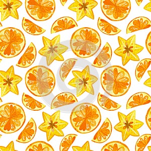 Citruses and carambola drawings seamless pattern. Summer fruits mix texture.