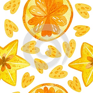 Citruses and carambola drawings seamless pattern. Summer fruits mix texture