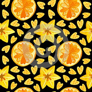 Citruses and carambola drawings seamless pattern. Summer fruits mix texture on dark background.