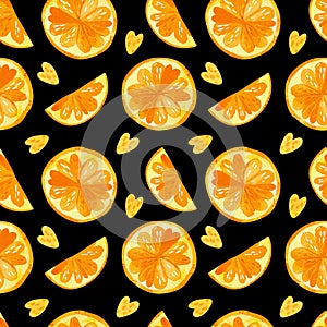 Citruses drawings seamless pattern. Summer fruits texture on dark background.
