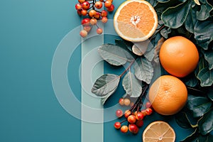 citruses and oranges are on a blue background with green leaves