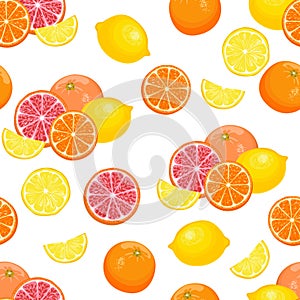 Citruses seamless pattern. Lemon, grapefruit and orange whole and slices isolated on white. Food background.