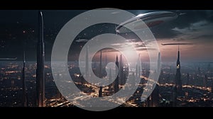 City, abduction and man with UFO, spaceship and galaxy mission with invasion. Generative AI