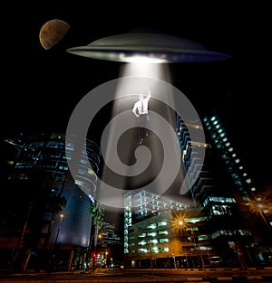 City, abduction and man with UFO, spaceship and galaxy mission with invasion, science fiction and futuristic