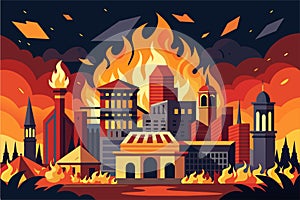 The city is ablaze with fire, engulfing buildings and creating chaos, City on fire Customizable Semi Flat Illustration