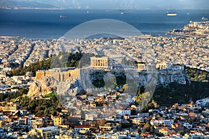 City and acropolis from Lycabettus hill in Athens at sunrise, Greece