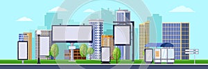 City advertising illustration. Vector cityscape with blank billboards and banners. Business promotion and advertisement