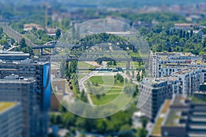 City aerial of Berlin around the Potsdamer Platz, with Gleisdreieck Park