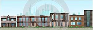 City in the afternoon. Residential buildings, cafes, school. Vector