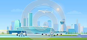 City airport vector illustration, cartoon flat modern cityscape with business skyscrapers, airport terminal building and