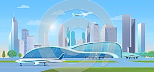 City airport vector illustration, cartoon flat airport terminal modern creative building, airplanes waiting flight