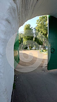 The city of Alexandrov in the Vladimir region of Russia, the Golden Ring of Russia. Kremlin. Central gate.