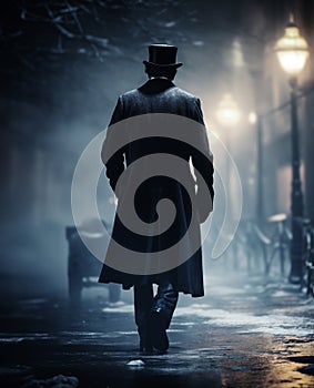 city alley, a solitary silhouette, draped in a black coat and top hat, moves through the fog