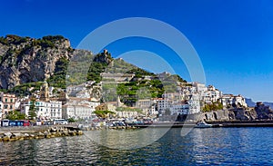 The city of Amalfi and the Tyrrhenian Sea in Italy