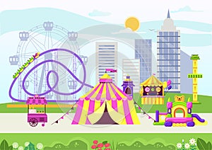 City amusement park with circus, carnival festival and carousel wheel, vector illustration. Fun entarteinment at flat